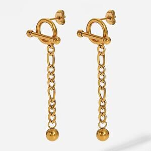 T Bar Detachable Ball Pendant Chain Earrings‎ 18K Gold Plated Stainless Steel